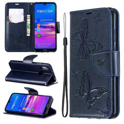Embossing Double Butterfly Leather Wallet Case for Huawei Honor 8A - Dark Blue