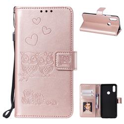 Embossing Owl Couple Flower Leather Wallet Case for Huawei Honor 8A - Rose Gold