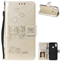 Embossing Owl Couple Flower Leather Wallet Case for Huawei Honor 8A - Golden