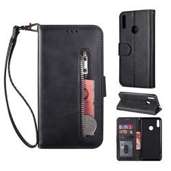 Retro Calfskin Zipper Leather Wallet Case Cover for Huawei Honor 8A - Black
