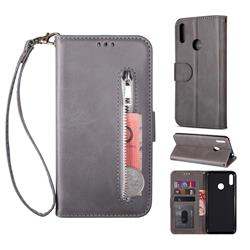 Retro Calfskin Zipper Leather Wallet Case Cover for Huawei Honor 8A - Grey