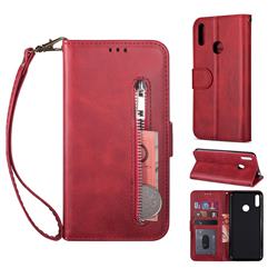 Retro Calfskin Zipper Leather Wallet Case Cover for Huawei Honor 8A - Red