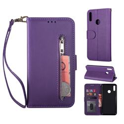 Retro Calfskin Zipper Leather Wallet Case Cover for Huawei Honor 8A - Purple