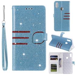Retro Stitching Glitter Leather Wallet Phone Case for Huawei Honor 8A - Blue