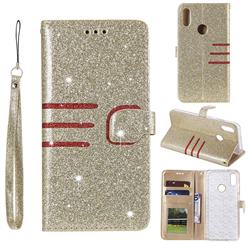 Retro Stitching Glitter Leather Wallet Phone Case for Huawei Honor 8A - Golden