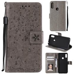 Embossing Cherry Blossom Cat Leather Wallet Case for Huawei Honor 8A - Gray