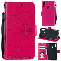 Embossing Cherry Blossom Cat Leather Wallet Case for Huawei Honor 8A - Rose