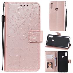 Embossing Cherry Blossom Cat Leather Wallet Case for Huawei Honor 8A - Rose Gold