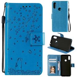Embossing Cherry Blossom Cat Leather Wallet Case for Huawei Honor 8A - Blue