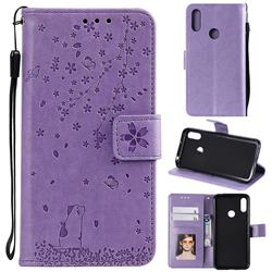 Embossing Cherry Blossom Cat Leather Wallet Case for Huawei Honor 8A - Purple