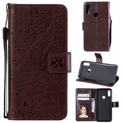 Embossing Cherry Blossom Cat Leather Wallet Case for Huawei Honor 8A - Brown
