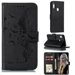 Intricate Embossing Lychee Feather Bird Leather Wallet Case for Huawei Honor 8A - Black