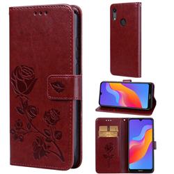 Embossing Rose Flower Leather Wallet Case for Huawei Honor 8A - Brown