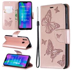 Embossing Double Butterfly Leather Wallet Case for Huawei Honor 8C - Rose Gold