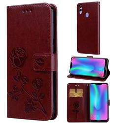 Embossing Rose Flower Leather Wallet Case for Huawei Honor 8C - Brown