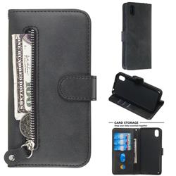 Retro Luxury Zipper Leather Phone Wallet Case for Huawei Honor 8S(2019) - Black
