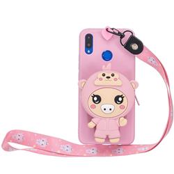 Pink Pig Neck Lanyard Zipper Wallet Silicone Case for Huawei Honor 8X
