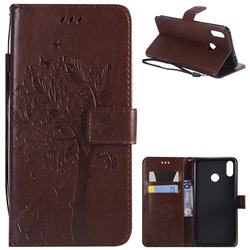 Embossing Butterfly Tree Leather Wallet Case for Huawei Honor 8X - Coffee