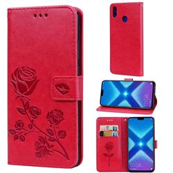 Embossing Rose Flower Leather Wallet Case for Huawei Honor 8X - Red