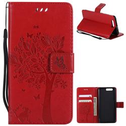 Embossing Butterfly Tree Leather Wallet Case for Huawei Honor 9 - Red