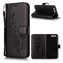 Intricate Embossing Dandelion Butterfly Leather Wallet Case for Huawei Honor 9 - Black
