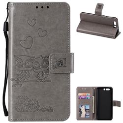 Embossing Owl Couple Flower Leather Wallet Case for Huawei Honor 9 - Gray
