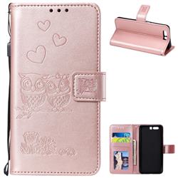 Embossing Owl Couple Flower Leather Wallet Case for Huawei Honor 9 - Rose Gold