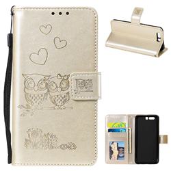 Embossing Owl Couple Flower Leather Wallet Case for Huawei Honor 9 - Golden