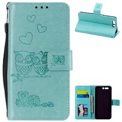 Embossing Owl Couple Flower Leather Wallet Case for Huawei Honor 9 - Green