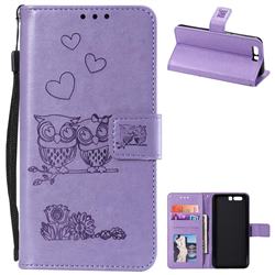 Embossing Owl Couple Flower Leather Wallet Case for Huawei Honor 9 - Purple