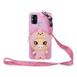Pink Pig Neck Lanyard Zipper Wallet Silicone Case for Huawei Honor 9A