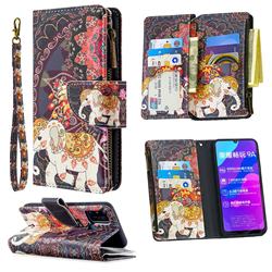 Totem Flower Elephant Binfen Color BF03 Retro Zipper Leather Wallet Phone Case for Huawei Honor 9A