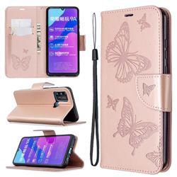Embossing Double Butterfly Leather Wallet Case for Huawei Honor 9A - Rose Gold