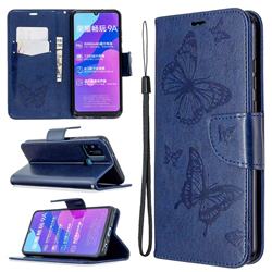 Embossing Double Butterfly Leather Wallet Case for Huawei Honor 9A - Dark Blue
