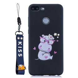 Black Flower Hippo Soft Kiss Candy Hand Strap Silicone Case for Huawei Honor 9 Lite