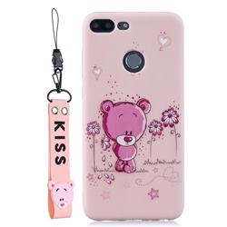 Pink Flower Bear Soft Kiss Candy Hand Strap Silicone Case for Huawei Honor 9 Lite
