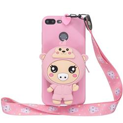 Pink Pig Neck Lanyard Zipper Wallet Silicone Case for Huawei Honor 9 Lite