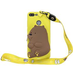 Yellow Bear Neck Lanyard Zipper Wallet Silicone Case for Huawei Honor 9 Lite