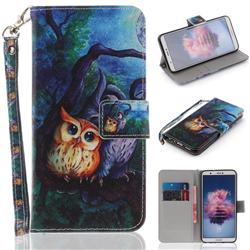 Oil Painting Owl Hand Strap Leather Wallet Case for Huawei Honor 9 Lite