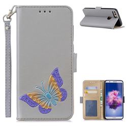 Imprint Embossing Butterfly Leather Wallet Case for Huawei Honor 9 Lite - Grey