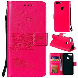 Embossing Owl Couple Flower Leather Wallet Case for Huawei Honor 9 Lite - Red