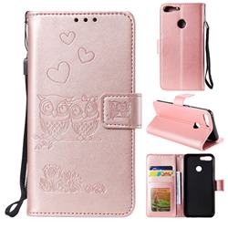 Embossing Owl Couple Flower Leather Wallet Case for Huawei Honor 9 Lite - Rose Gold