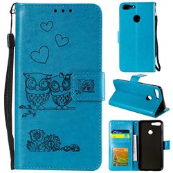 Embossing Owl Couple Flower Leather Wallet Case for Huawei Honor 9 Lite - Blue