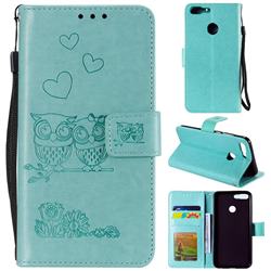 Embossing Owl Couple Flower Leather Wallet Case for Huawei Honor 9 Lite - Green