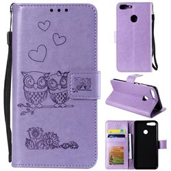 Embossing Owl Couple Flower Leather Wallet Case for Huawei Honor 9 Lite - Purple