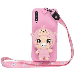Pink Pig Neck Lanyard Zipper Wallet Silicone Case for Huawei Honor 9X