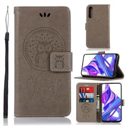 Intricate Embossing Owl Campanula Leather Wallet Case for Huawei Honor 9X - Grey