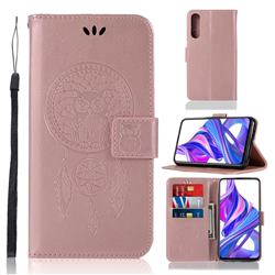 Intricate Embossing Owl Campanula Leather Wallet Case for Huawei Honor 9X - Rose Gold