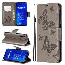 Embossing Double Butterfly Leather Wallet Case for Huawei Honor 9X - Gray