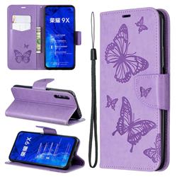 Embossing Double Butterfly Leather Wallet Case for Huawei Honor 9X - Purple